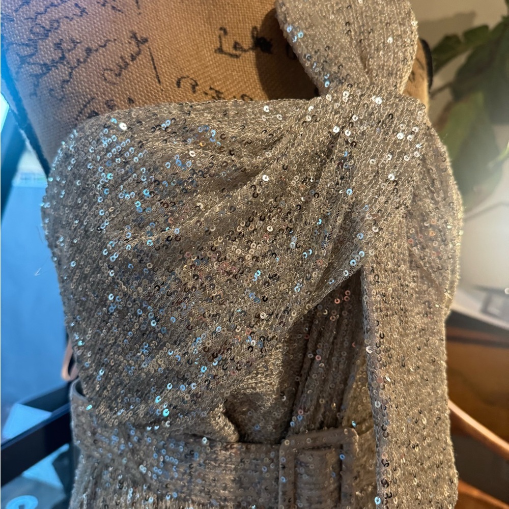 Badgley Mischka Silver Sequin Strapless Gown with Bow Detail - Picture 2 of 9